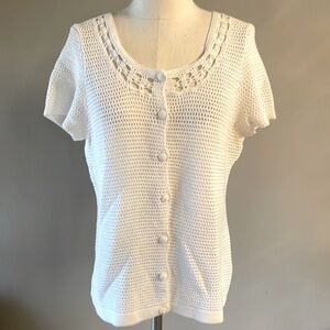 Josephine Chaus white crochet button up cardigan short sleeve cotton size Lrg